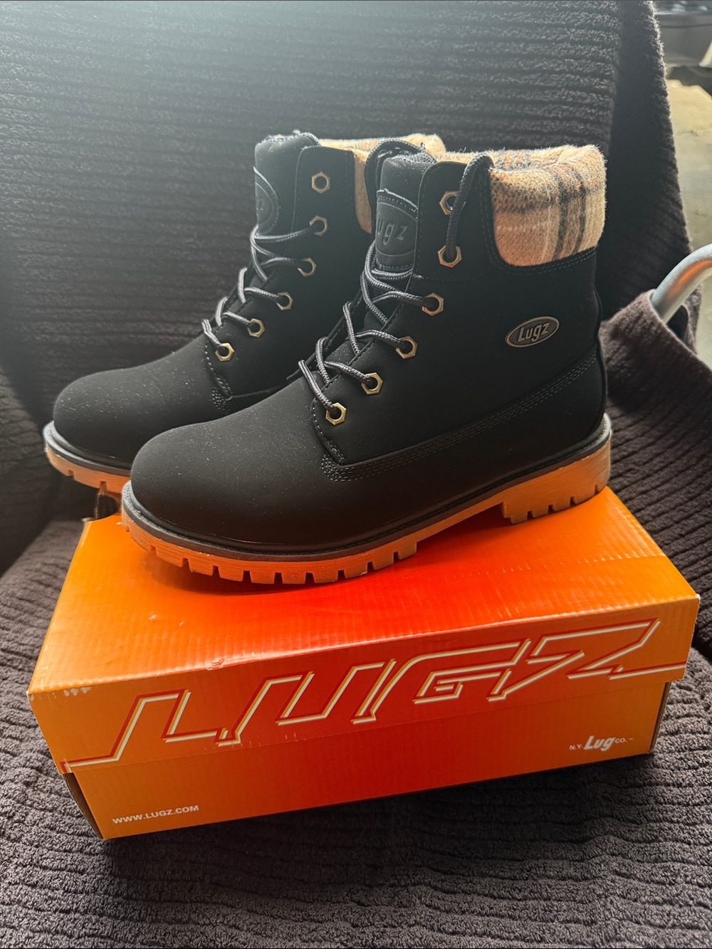Lugz Black Boots with Tan Plaid Cuff